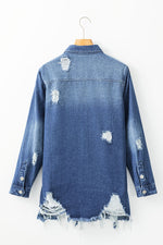 Load image into Gallery viewer, Sky Blue Light Wash Distressed Frayed Long Denim Jacket
