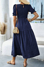 Load image into Gallery viewer, Sail Blue Solid Textured Smocked Puff Short Sleeve High Waist Long Dress - Fashion Queen -  2
