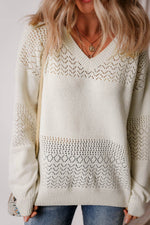 Load image into Gallery viewer, Black Eyelet Pattern Detail V Neck Drop Shoulder Sweater - Fashion Queen
