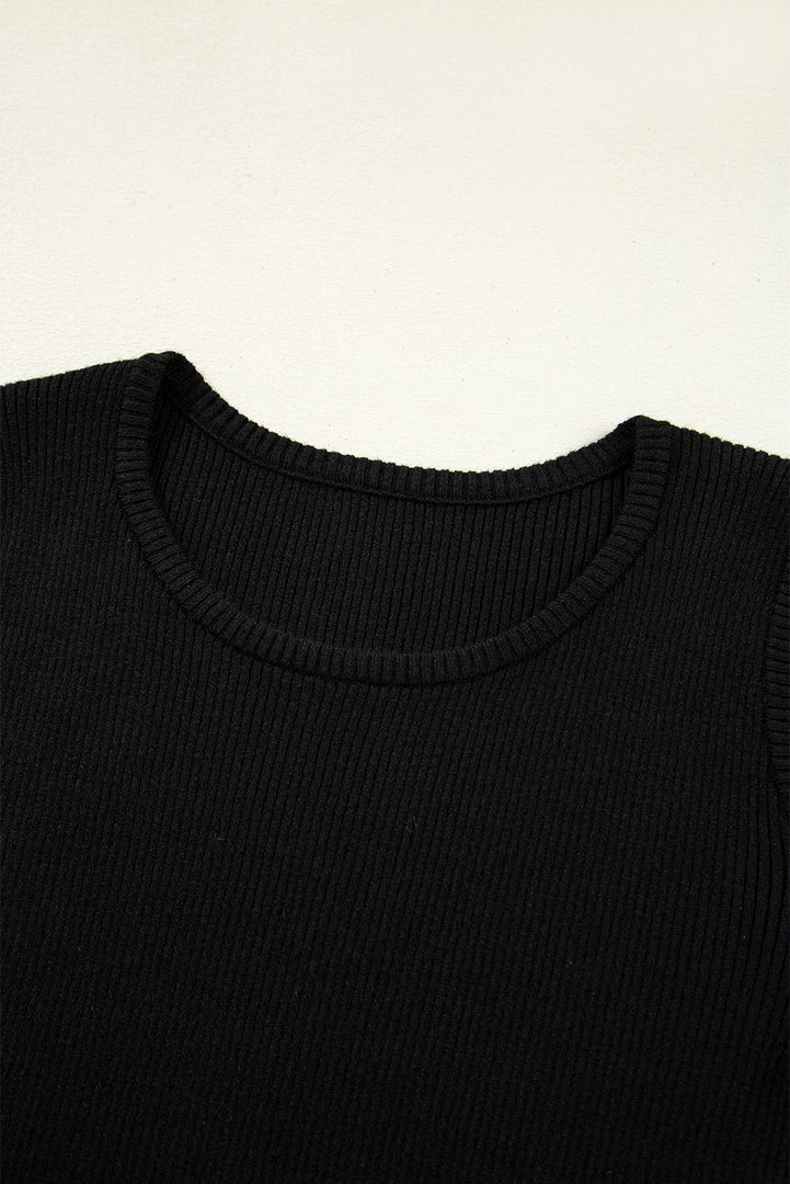 Black Ribbed Knit Cold Shoulder Sweater - Fashion Queen -  7