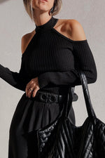 Load image into Gallery viewer, Black Ribbed Knit Cold Shoulder Choker Neck Sweater - Fashion Queen -  4
