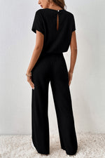 Load image into Gallery viewer, Black Ribbed Keyhole Short Sleeve Wide Leg Jumpsuit - Fashion Queen -  2
