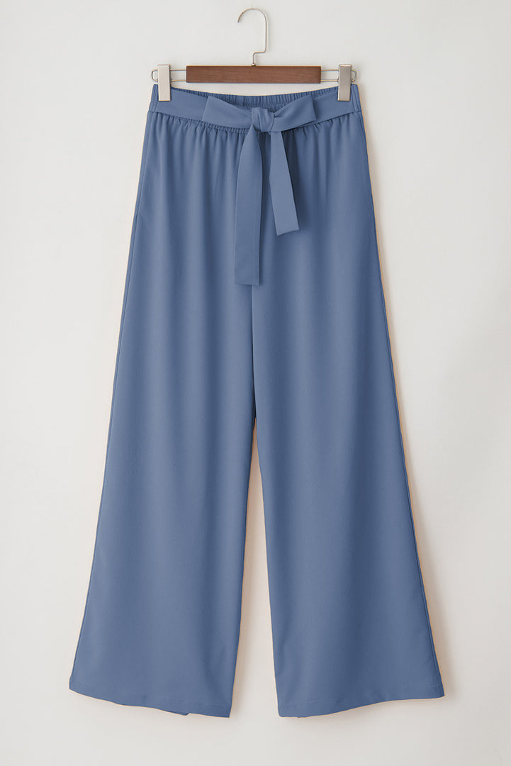 Sail Blue High Waisted Tie Front Side Pocket Wide Leg Flowy Casual Pants