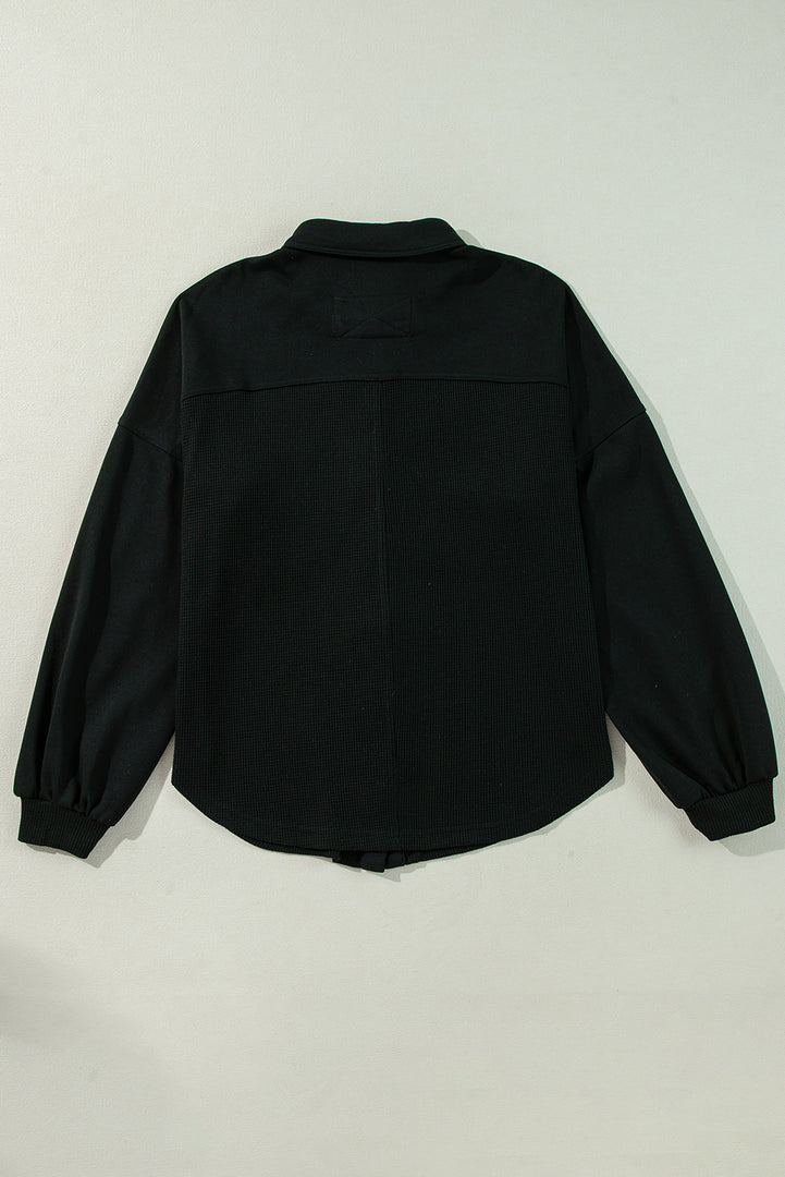 Moss Green Waffle Knit Patchwork Buttoned Oversized Shacket