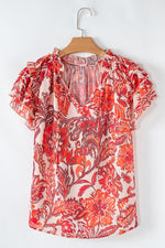 Load image into Gallery viewer, Red Vintage Floral Ruffle Sleeve V Neck Blouse
