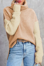 Load image into Gallery viewer, White Color Block Turtle Neck Drop Shoulder Knit Sweater
