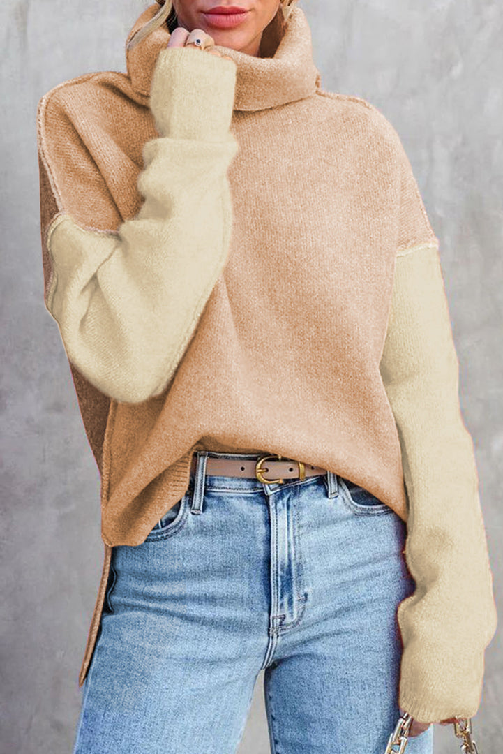 White Color Block Turtle Neck Drop Shoulder Knit Sweater