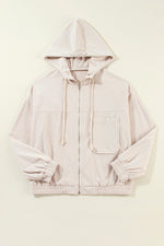 Load image into Gallery viewer, White Corduroy Drawstring Hooded Pocket Zip Up Jacket
