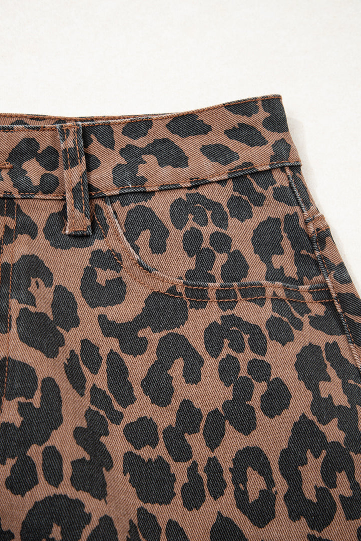 Brown Leopard Denim Frayed Split Denim Midi Skirt - Fashion Queen -  7
