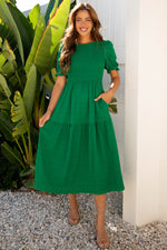 Load image into Gallery viewer, Sail Blue Solid Textured Smocked Puff Short Sleeve High Waist Long Dress
