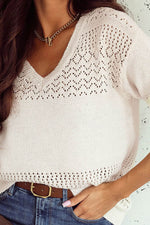 Load image into Gallery viewer, Black Eyelet Pattern Detail V Neck Drop Shoulder Sweater - Fashion Queen

