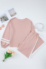 Load image into Gallery viewer, Pink Varsity Stripe Patchwork Puff Sleeve Pullover Drawstring Wide Leg Pant Set
