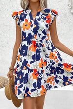 Load image into Gallery viewer, Orange Floral Print Notched Neck Flutter Sleeve Mini Dress - Fashion Queen -  4
