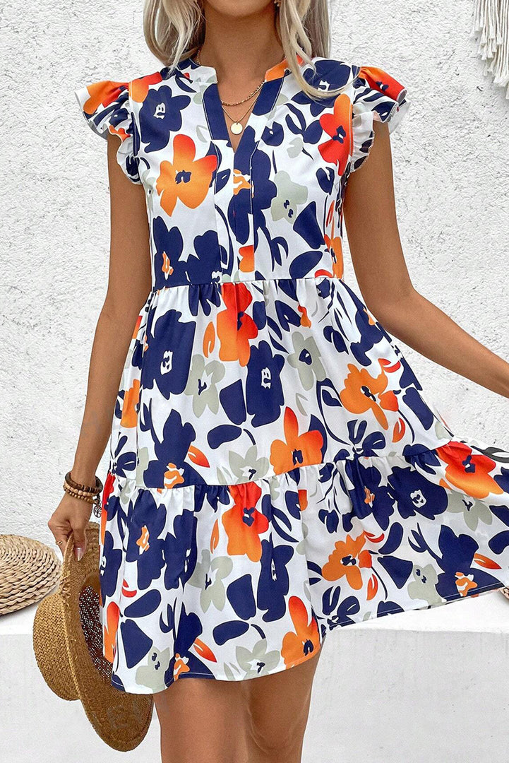Orange Floral Print Notched Neck Flutter Sleeve Mini Dress - Fashion Queen -  4