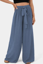 Load image into Gallery viewer, Sail Blue High Waisted Tie Front Side Pocket Wide Leg Flowy Casual Pants
