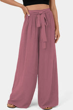 Load image into Gallery viewer, Sail Blue High Waisted Tie Front Side Pocket Wide Leg Flowy Casual Pants
