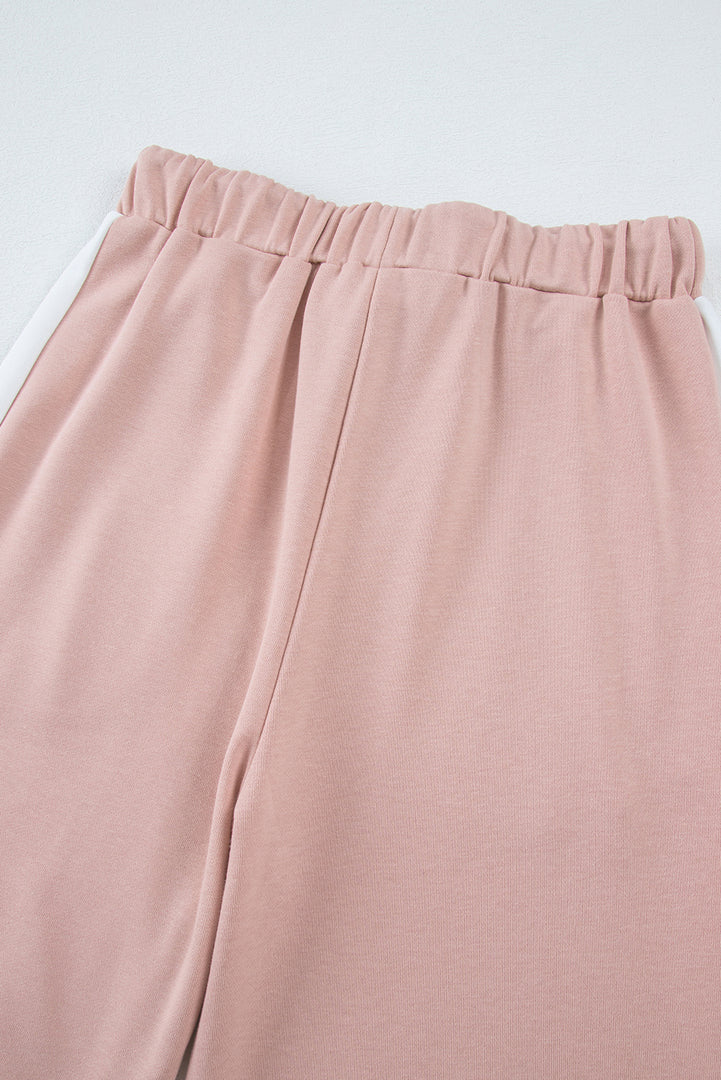 Pink Varsity Stripe Patchwork Puff Sleeve Pullover Drawstring Wide Leg Pant Set