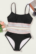 Load image into Gallery viewer, Black Striped Patchwork Spaghetti Strap High Waist Bikini Swimsuit - Fashion Queen -  17
