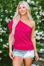 Load image into Gallery viewer, Strawberry Pink Asymmetric Shoulder Ruffle Sleeve Elegant Blouse
