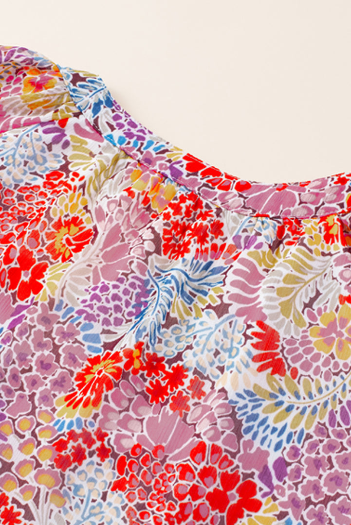 Fiery Red White Floral Print V Neck Long Puff Sleeve Top - Fashion Queen -  8