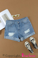 Load image into Gallery viewer, Distressed Ripped Rolled Hem Sky Blue Denim Shorts
