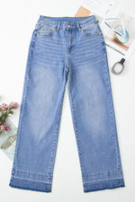 Load image into Gallery viewer, Dusk Blue Raw Hem Unique Cuffs Straight High Rise Loose Jeans
