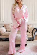 Load image into Gallery viewer, Light Pink Satin Knot Accent Shirt and Ruffled Pants Lounge Set
