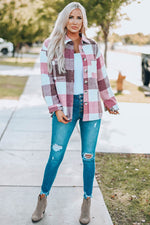 Load image into Gallery viewer, Khaki Plaid Color Block Buttoned Long Sleeve Jacket with Pocket - Fashion Queen
