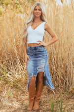 Load image into Gallery viewer, Myosotis Irregular Distressed Bottom Denim Midi Skirt
