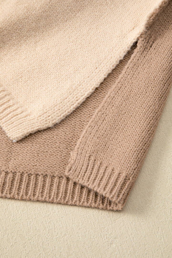 White Color Block Turtle Neck Drop Shoulder Knit Sweater