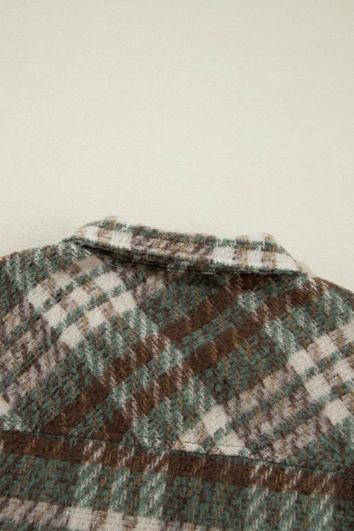 Cinnamon Plaid Print Chest Pockets Turn Down Collar Shacket - Fashion Queen