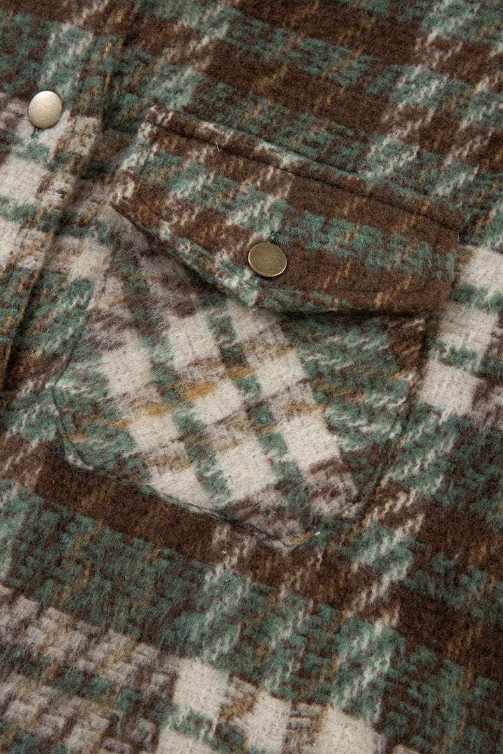 Cinnamon Plaid Print Chest Pockets Turn Down Collar Shacket - Fashion Queen