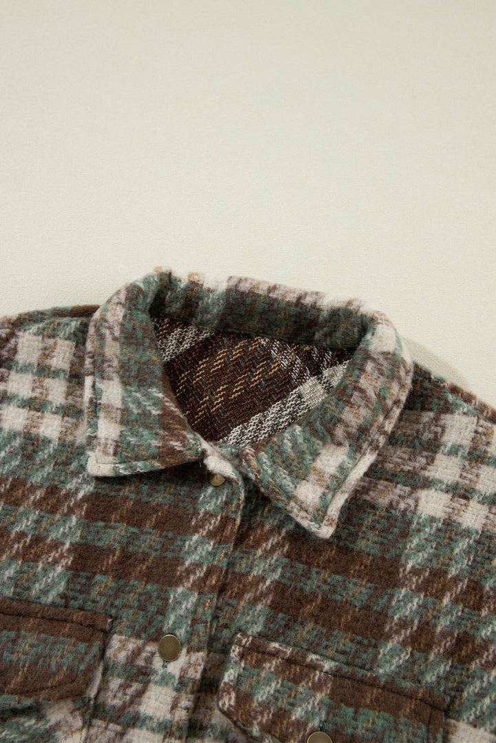 Cinnamon Plaid Print Chest Pockets Turn Down Collar Shacket - Fashion Queen