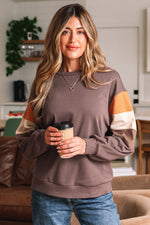 Load image into Gallery viewer, Dark Khaki Color Block Drop Shoulder Pullover Casual Sweatshirt
