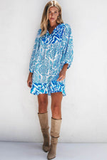 Load image into Gallery viewer, Rose Bohemian Print Puff Sleeve Tied V Neck Flared Mini Dress - Fashion Queen
