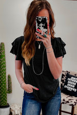 Load image into Gallery viewer, Black Layered Ruffle Short Sleeve Round Neck Top
