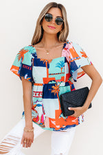 Load image into Gallery viewer, Sky Blue Tropical Printed Square Neck Flutter Sleeve Babydoll Blouse
