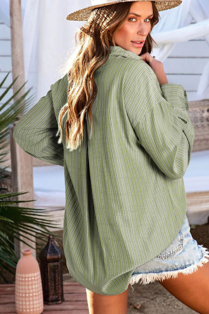 Green Stripe Button Up Oversized Casual Shirt - Fashion Queen -  3