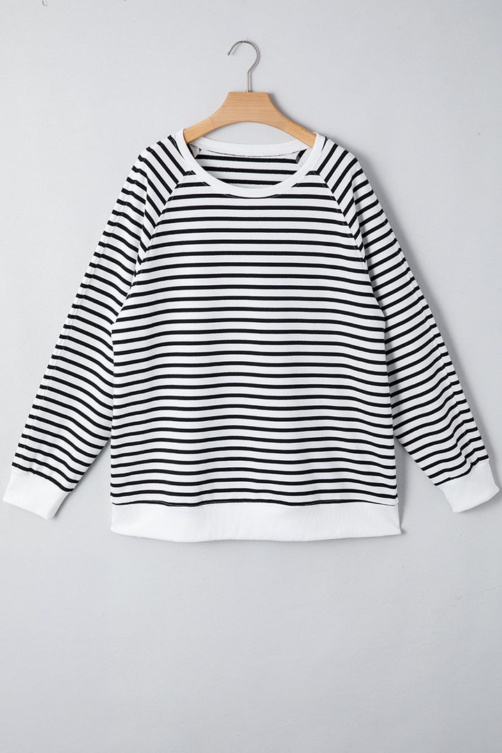 Black Stripe Raglan Sleeve Side Slits Loose Sweatshirt - Fashion Queen -  4