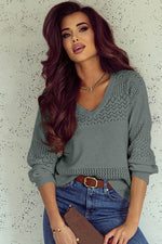 Load image into Gallery viewer, Black Eyelet Pattern Detail V Neck Drop Shoulder Sweater - Fashion Queen
