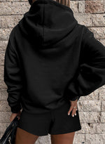 Load image into Gallery viewer, Black Button Drawstring Hooded Pullover and Casual Short Set
