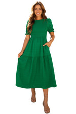 Load image into Gallery viewer, Sail Blue Solid Textured Smocked Puff Short Sleeve High Waist Long Dress
