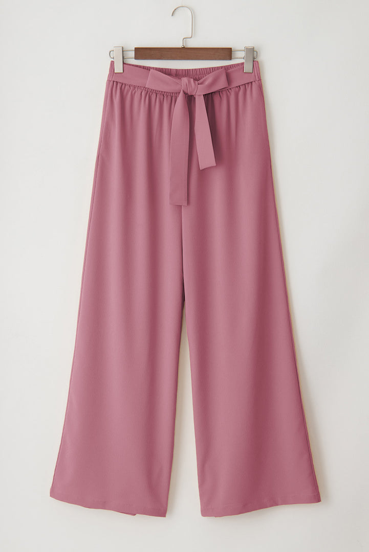 Sail Blue High Waisted Tie Front Side Pocket Wide Leg Flowy Casual Pants