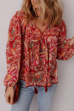 Load image into Gallery viewer, Multicolour Ethnic Paisley Print Tassel Tie Puff Sleeve Boho Blouse - Fashion Queen -  4
