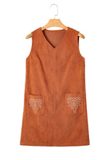 Load image into Gallery viewer, Gold Flame Corduroy Western Embroidered Patched Pocket Shift Sleeveless Mini Dress
