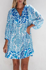 Load image into Gallery viewer, Rose Bohemian Print Puff Sleeve Tied V Neck Flared Mini Dress - Fashion Queen
