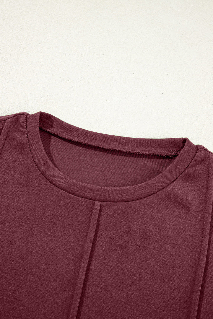 Red Dahlia Solid Exposed Seam Crew Neck Long Sleeve Top