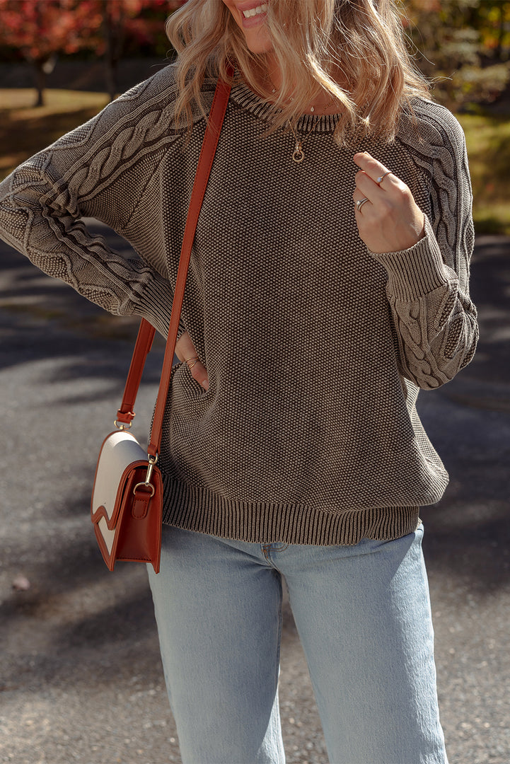 Dark Brown Contrast Cable Knit Sleeve Casual Sweater - Fashion Queen -  7