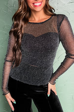 Load image into Gallery viewer, Black Metallic Glitter Mesh Long Sleeve Top - Fashion Queen -  1
