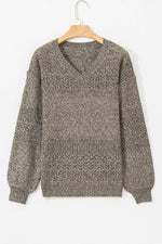 Load image into Gallery viewer, Black Eyelet Pattern Detail V Neck Drop Shoulder Sweater - Fashion Queen
